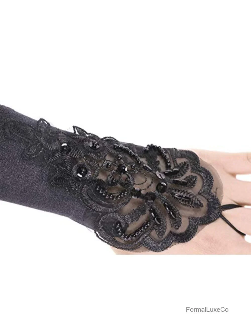 Black Satin Stretchy Long Opera Gloves with Floral Embroidery Sequins Finger